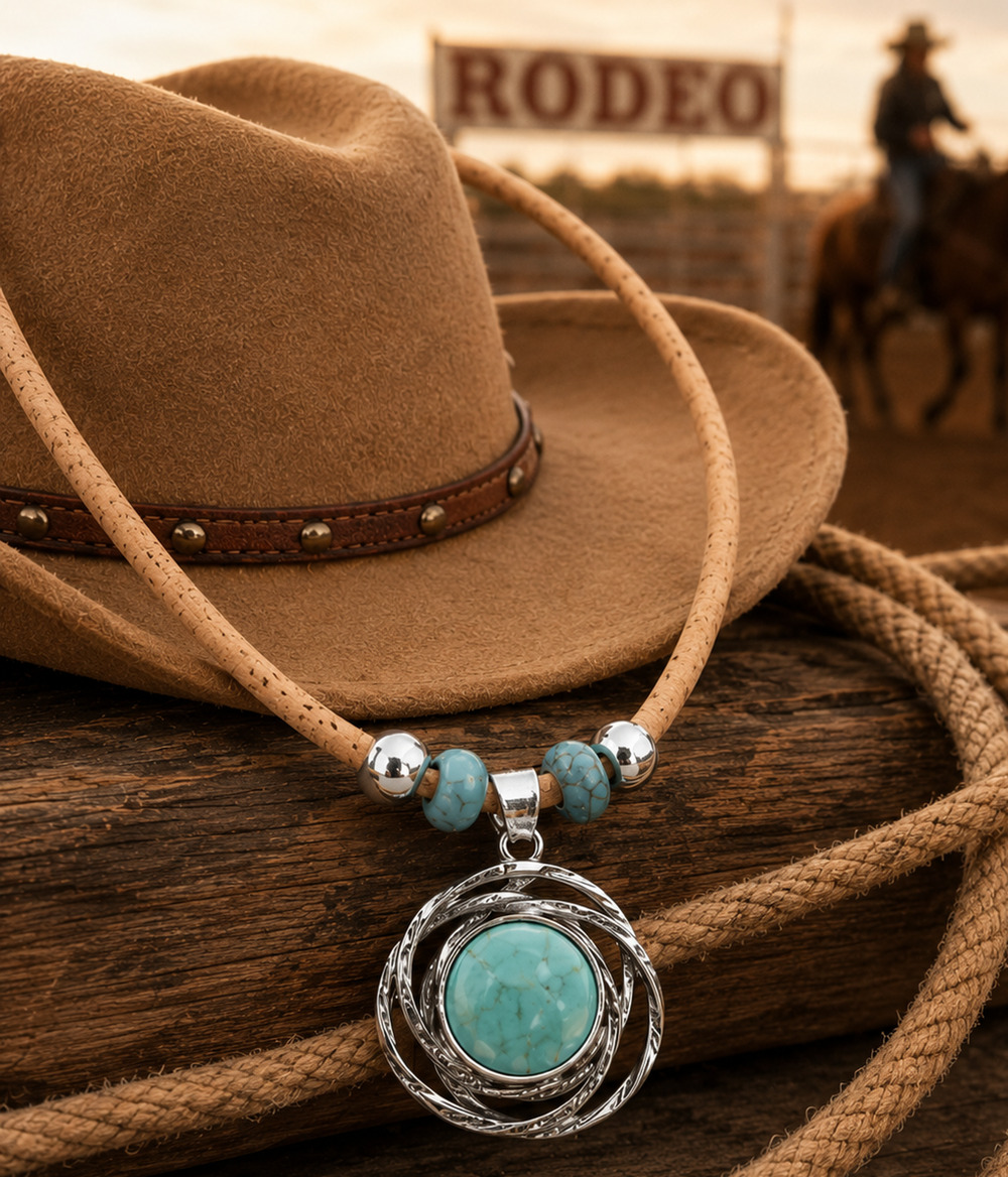 Faux Turquoise Rodeo Necklace Cork Cord Southwestern Cowgirl Desert Boho Western